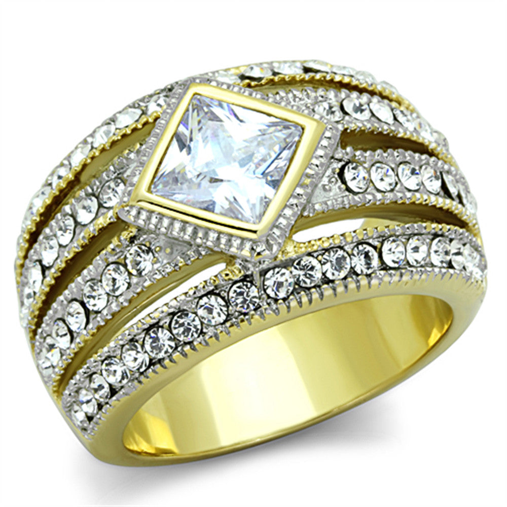 1.56 CT CZ STAINLESS STEEL 316L TWO TONED ION PLATED COCKTAIL / FASHION RING